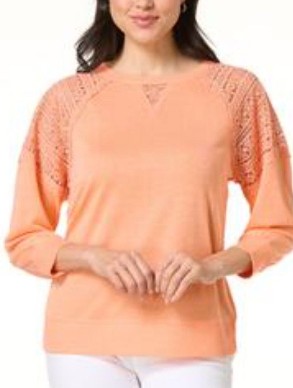 Women's Peach Crochet-Sleeve Pullover Sweater